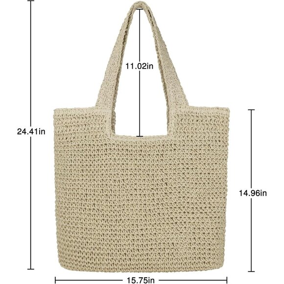 Women's A Beige Large Straw Beach Bag Handmade Woven Shoulder Hobo Tote Handbag - Picture 4 of 6
